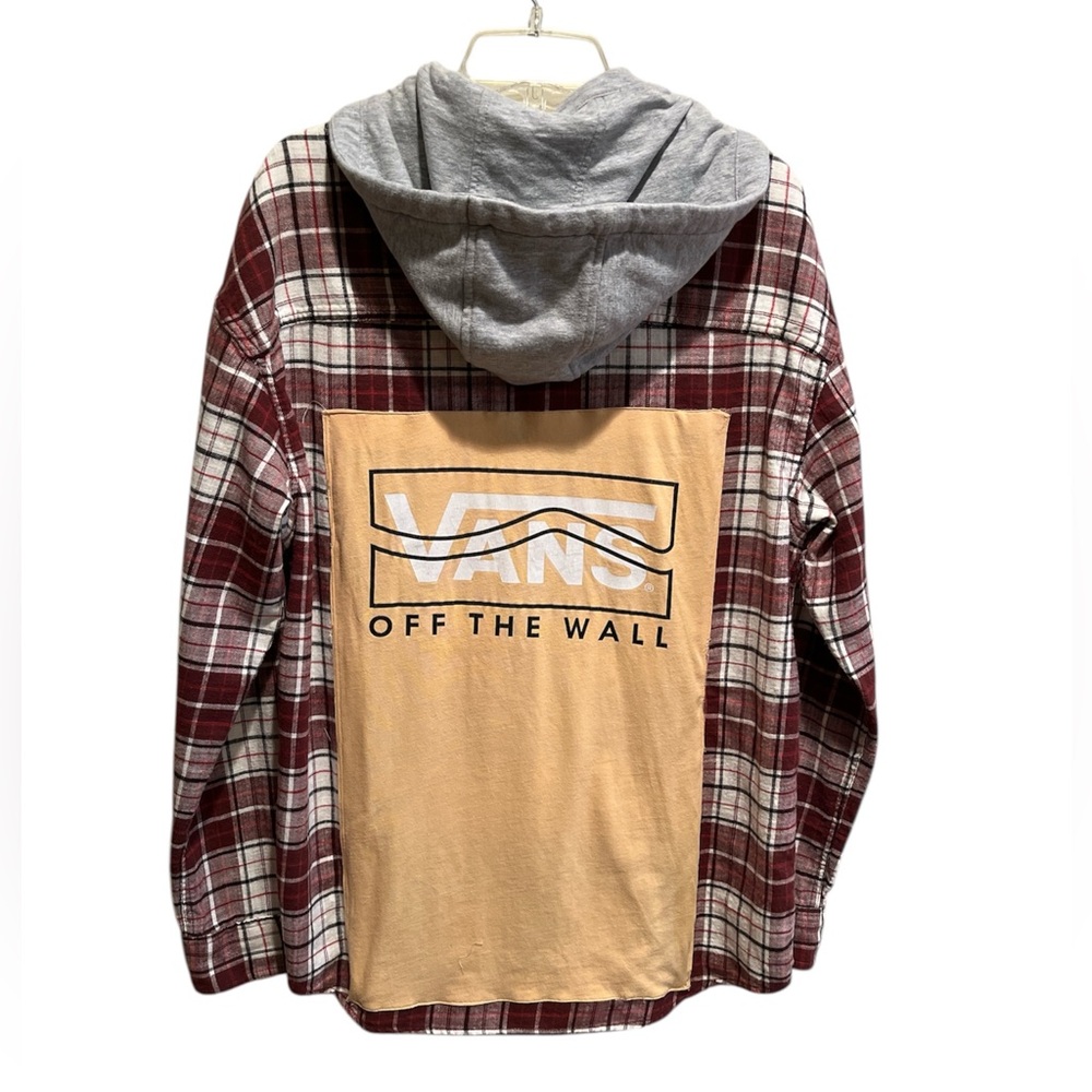 Upcycled American Eagle Plaid Flannel Vans Tee Graphic Removable Hood Size L